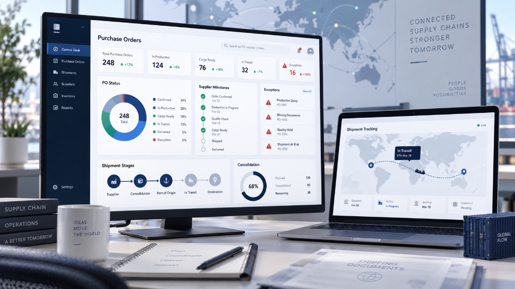 Purchase order and supplier milestone coordination for international freight